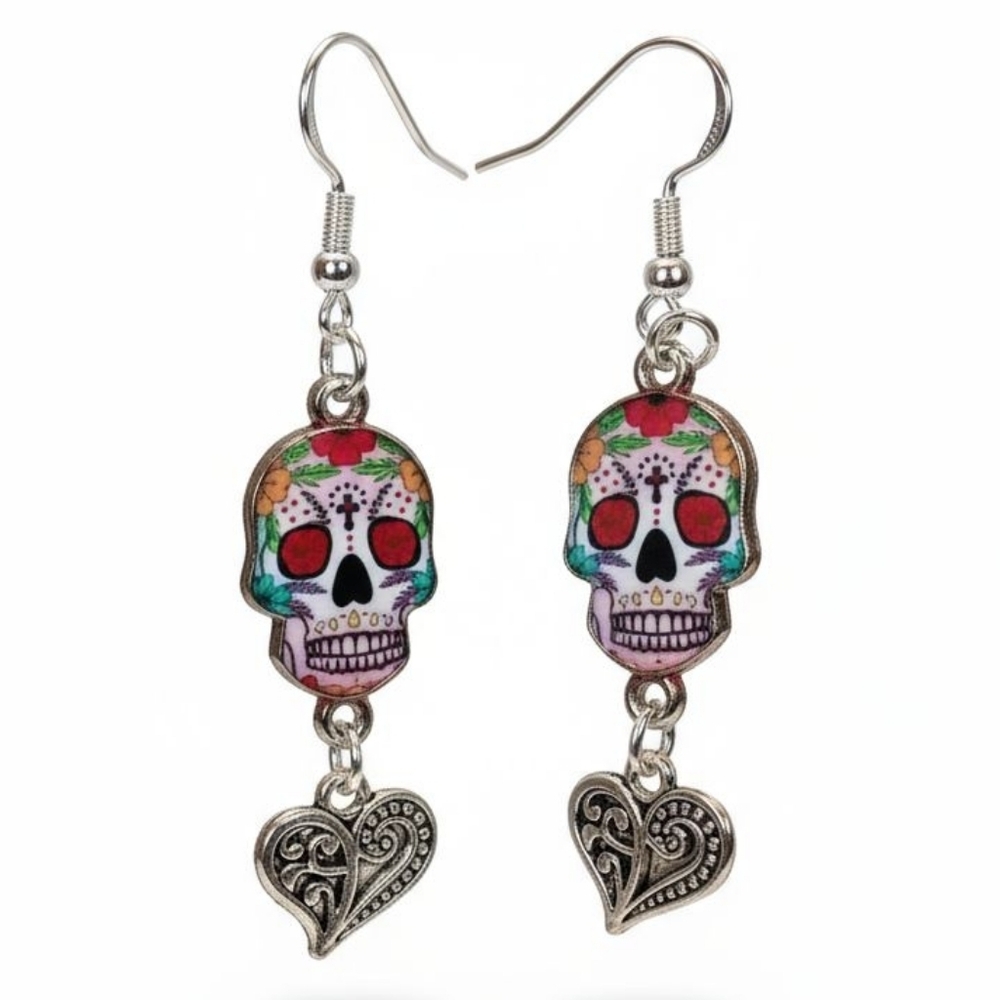 NWT Adorable Stainless Steel Sugar Skull Halloween Dangling Earrings!!